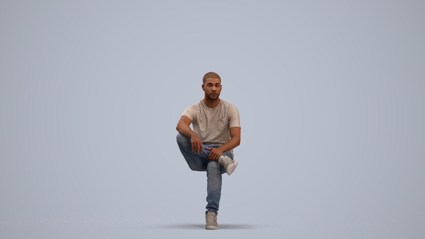 3D human model man casual sitting, photogrammetry scanned person for archviz, standing pose render