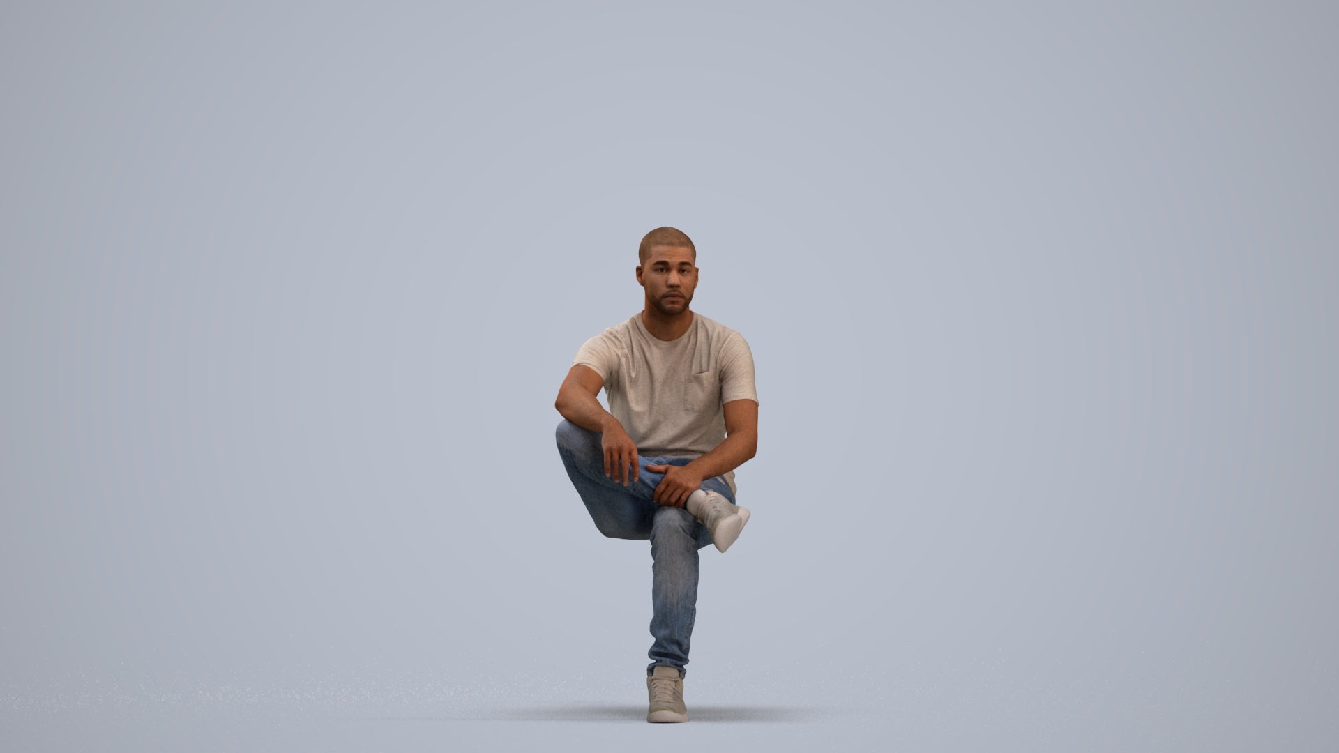 3D human model man casual sitting, photogrammetry scanned person for archviz, standing pose render