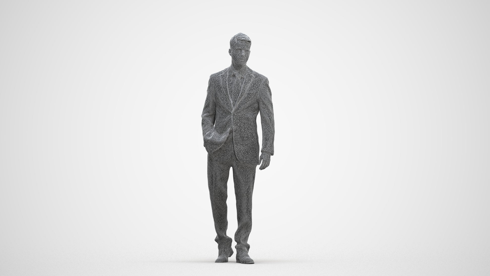 3D human model man business standing, photogrammetry scanned person for archviz, three-quarter front view render