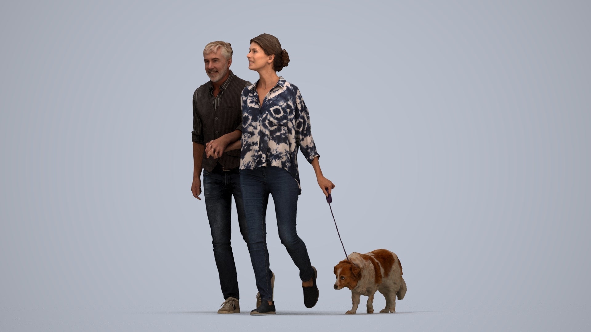 realistic 3D human woman casual couple, archviz people FBX OBJ for Blender, top-down view render