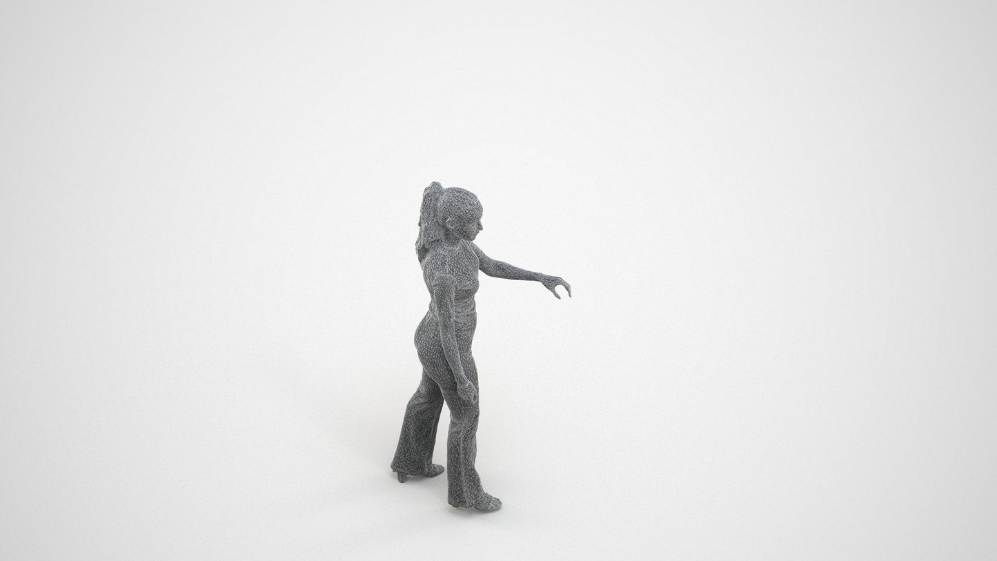 realistic 3D human woman casual door, archviz people FBX OBJ for Blender, wireframe three-quarter view