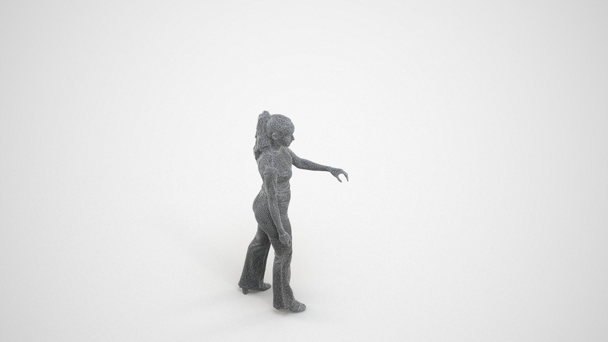 realistic 3D human woman casual door, archviz people FBX OBJ for Blender, wireframe three-quarter view