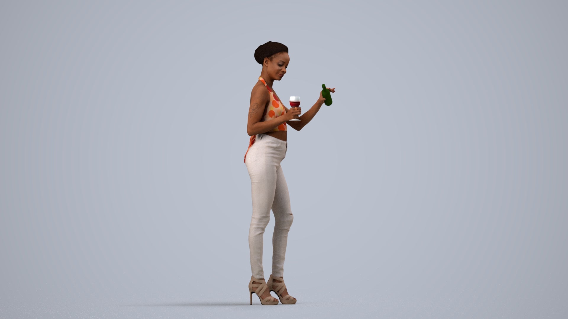 realistic 3D woman casual standing, scanned archviz people for Blender and 3ds Max, side view render
