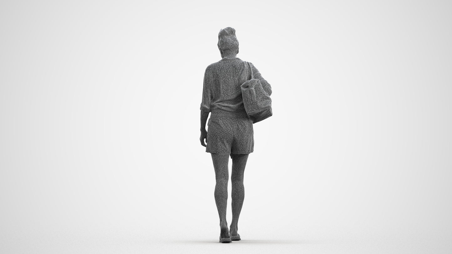 3D human model woman casual walking, photogrammetry scanned person for archviz, wireframe front view