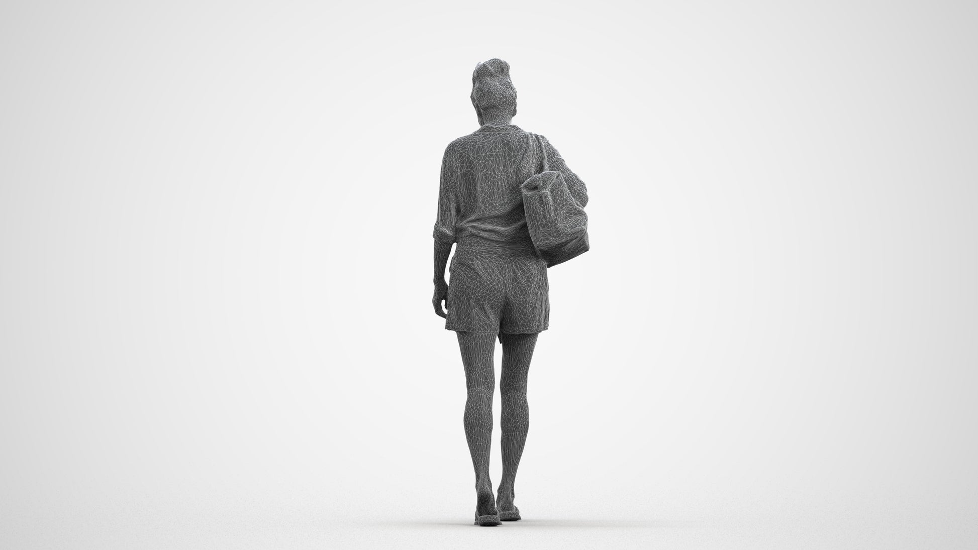 3D human model woman casual walking, photogrammetry scanned person for archviz, wireframe front view