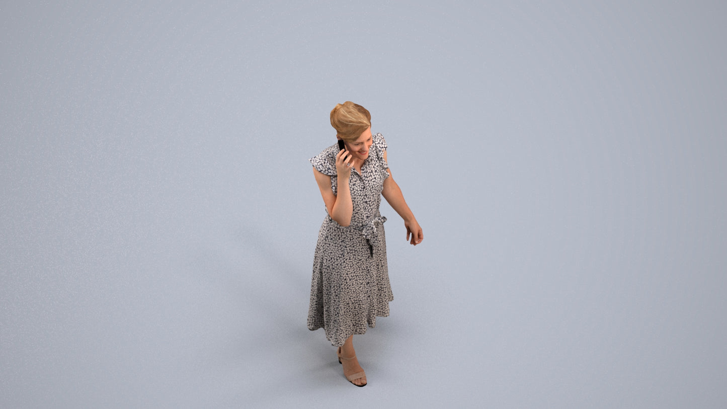 realistic 3D human woman casual walking, archviz people FBX OBJ for Blender, back view render