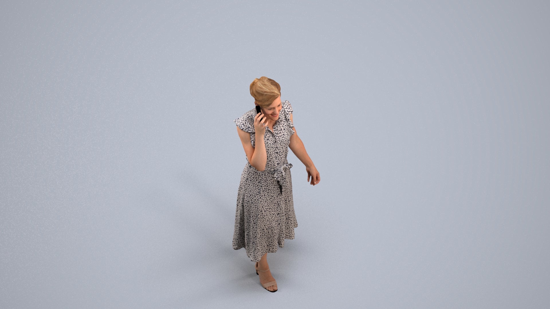 realistic 3D human woman casual walking, archviz people FBX OBJ for Blender, back view render