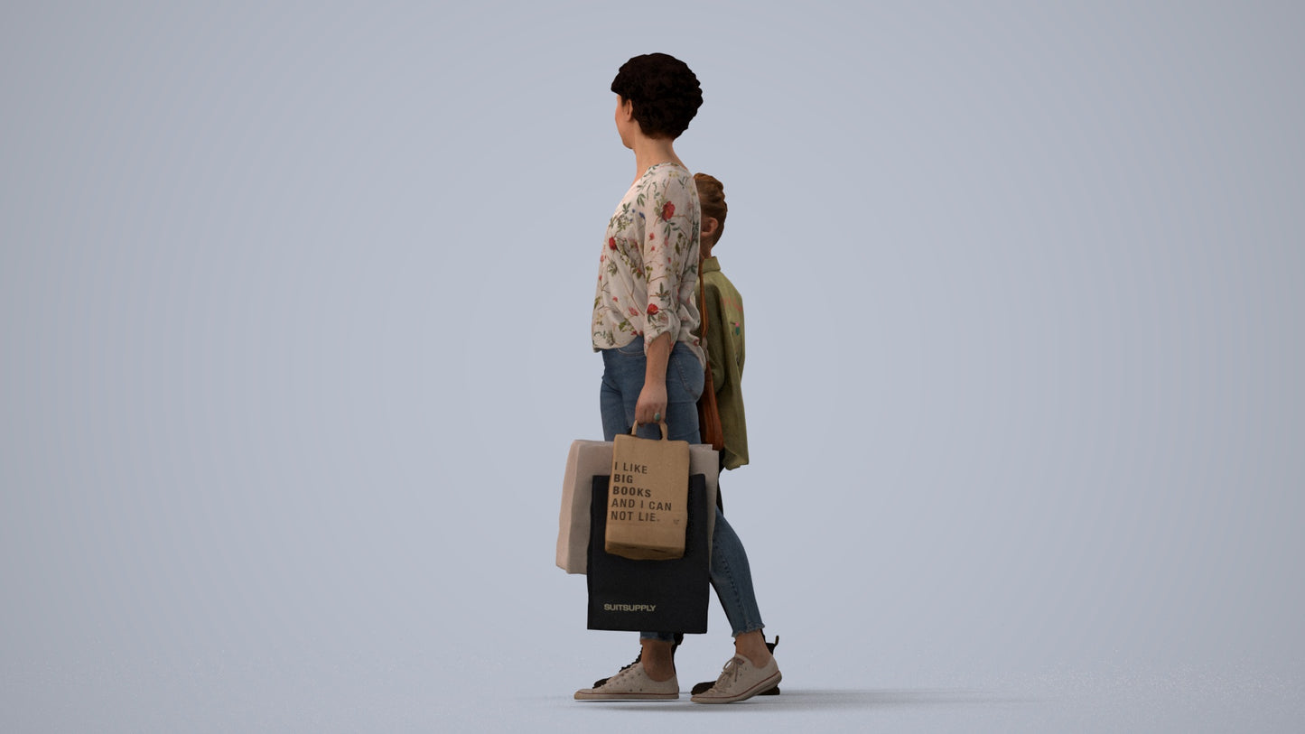 3D human model girl casual kids, photogrammetry scanned person for archviz, three-quarter view render