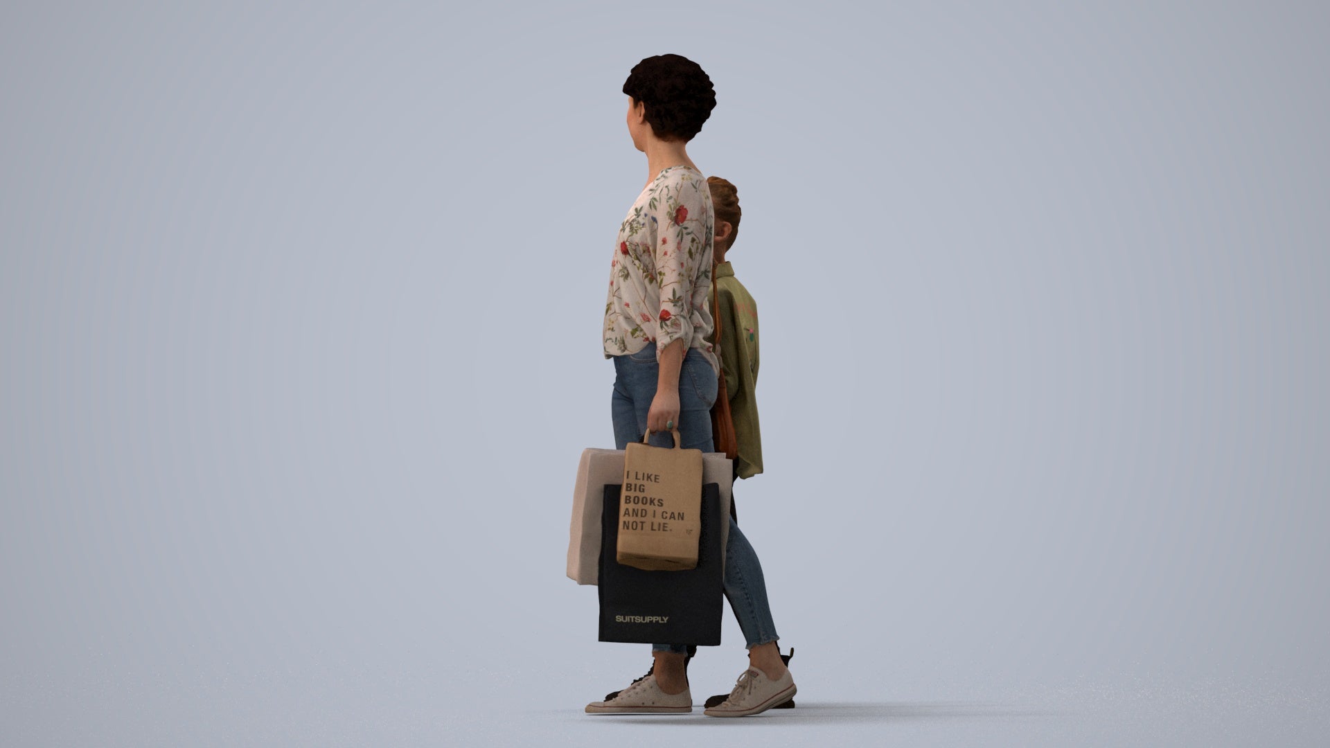 3D human model girl casual kids, photogrammetry scanned person for archviz, three-quarter view render