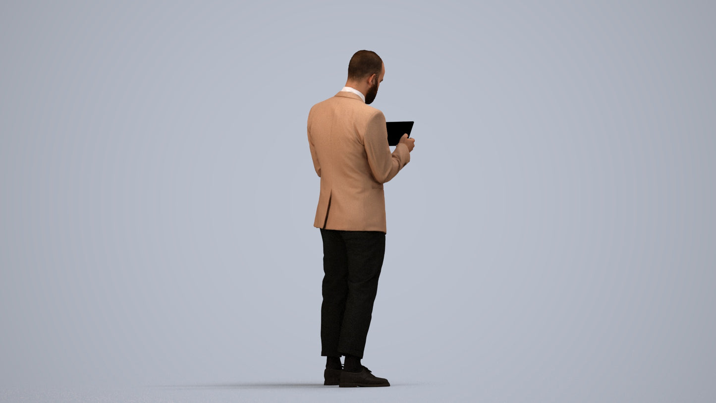 realistic 3D man business standing, scanned archviz people for Blender and 3ds Max, side view render