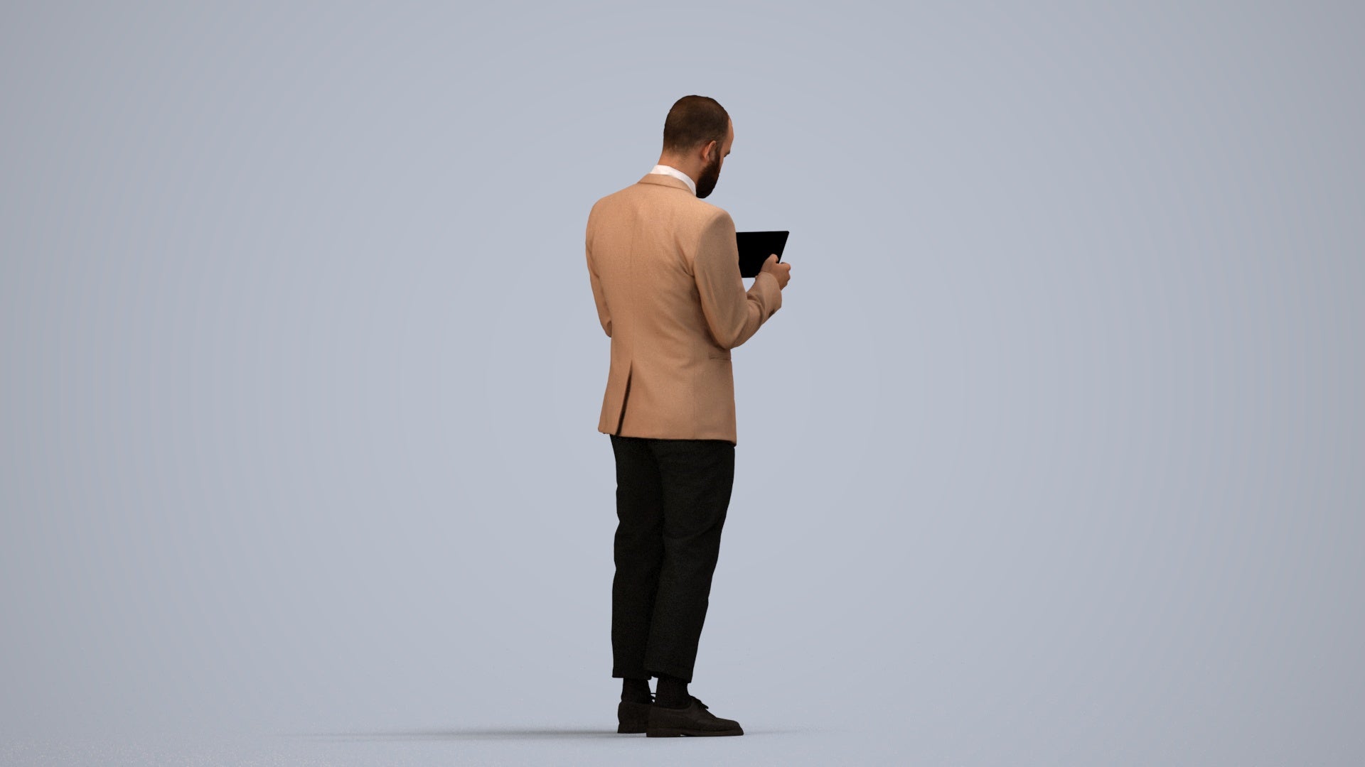 realistic 3D man business standing, scanned archviz people for Blender and 3ds Max, side view render