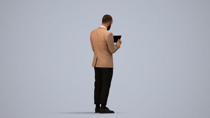 realistic 3D man business standing, scanned archviz people for Blender and 3ds Max, side view render