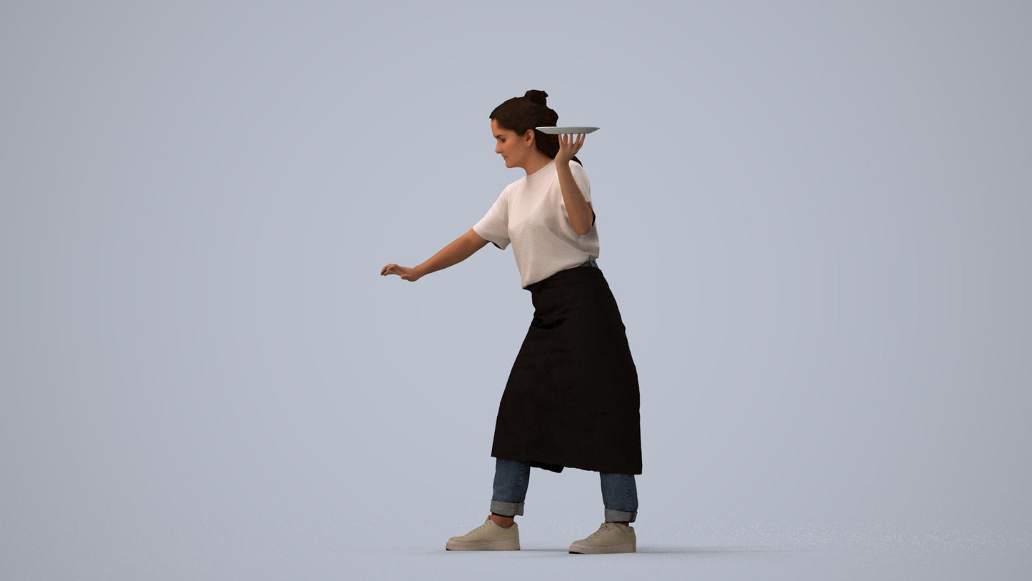 3D people model woman hospitality, scanned human for 3ds Max rendering, three-quarter view render