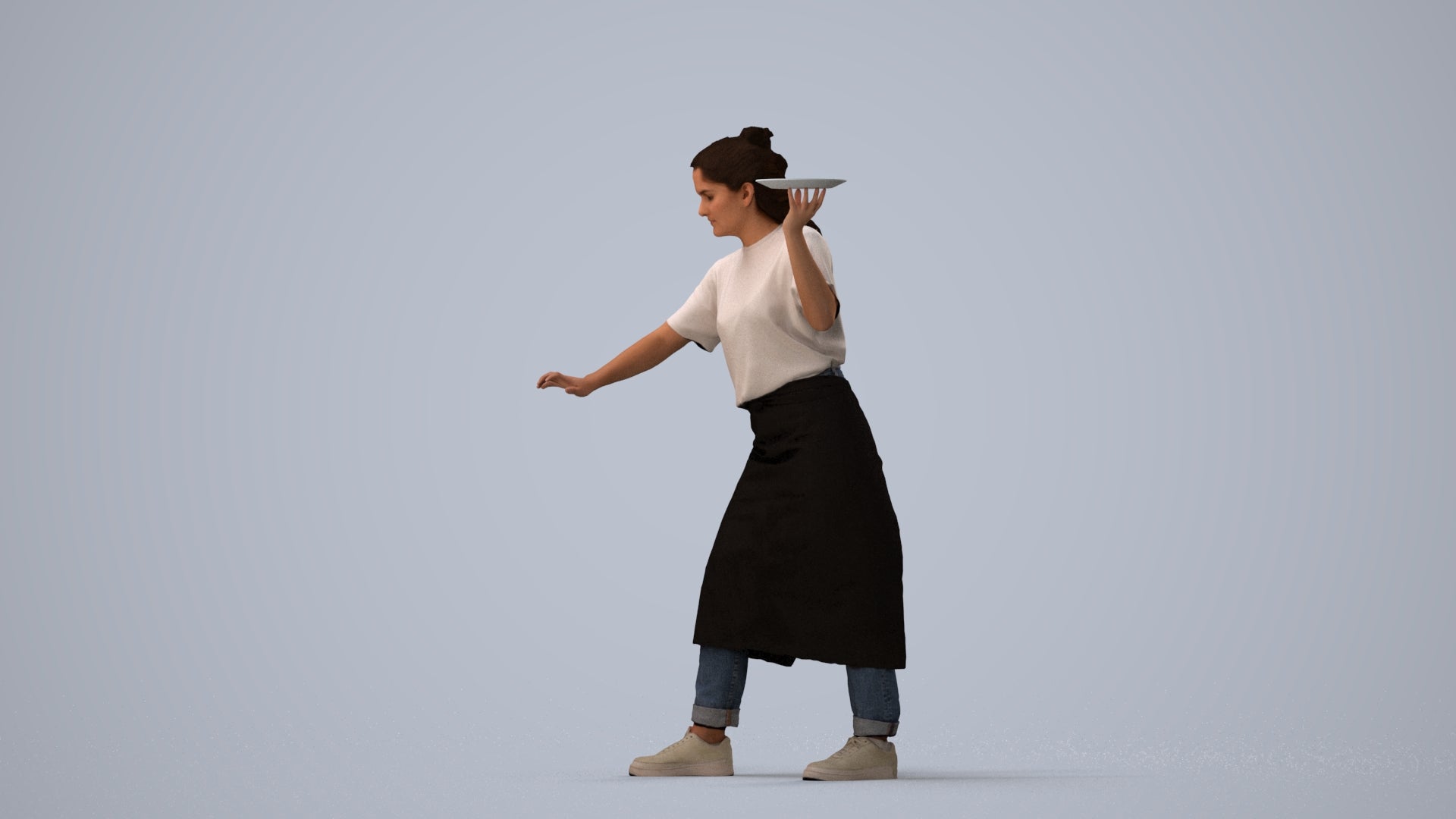 3D people model woman hospitality, scanned human for 3ds Max rendering, three-quarter view render