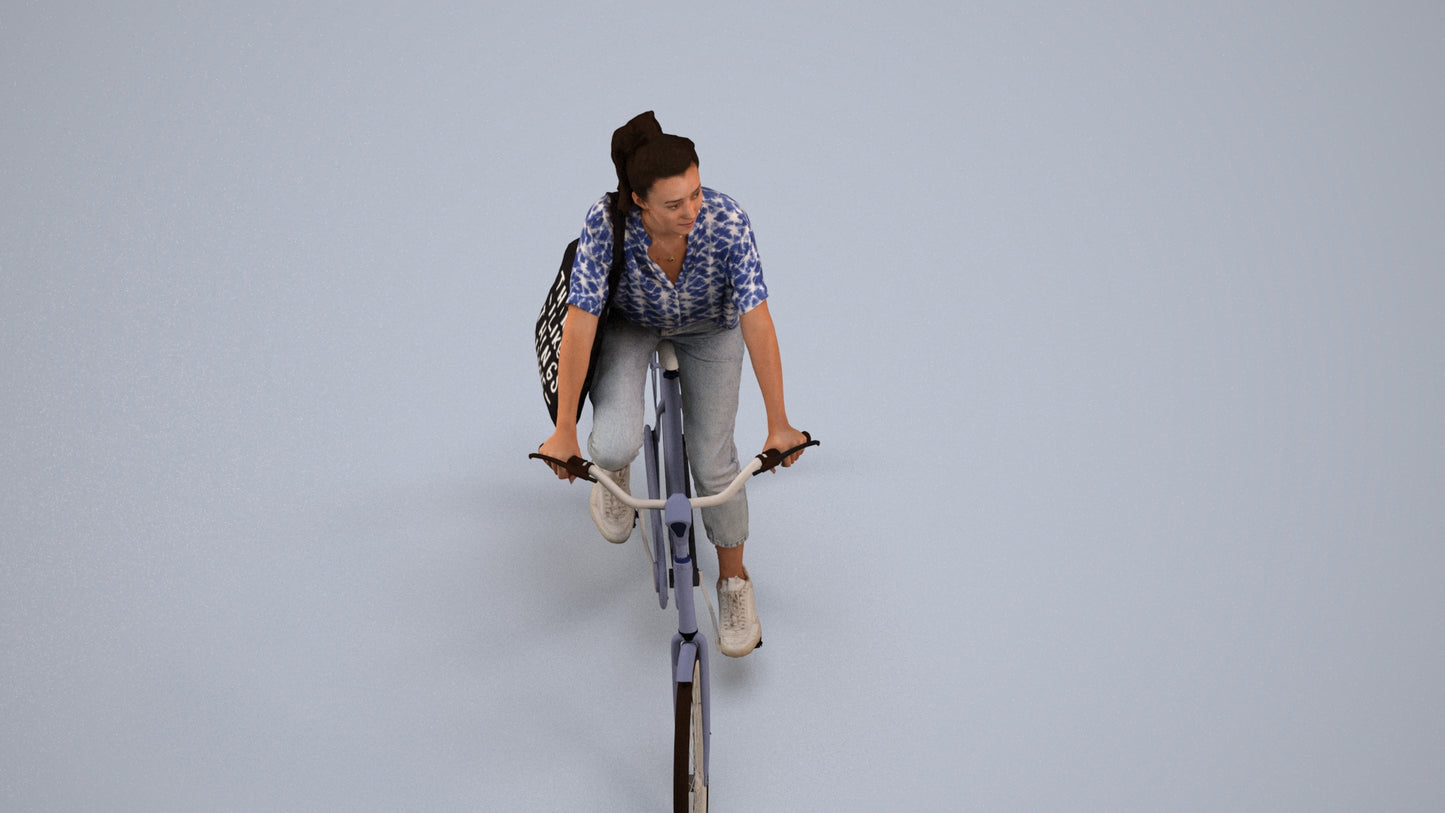 3D human model woman casual cycling, photogrammetry scanned person for archviz, back view render