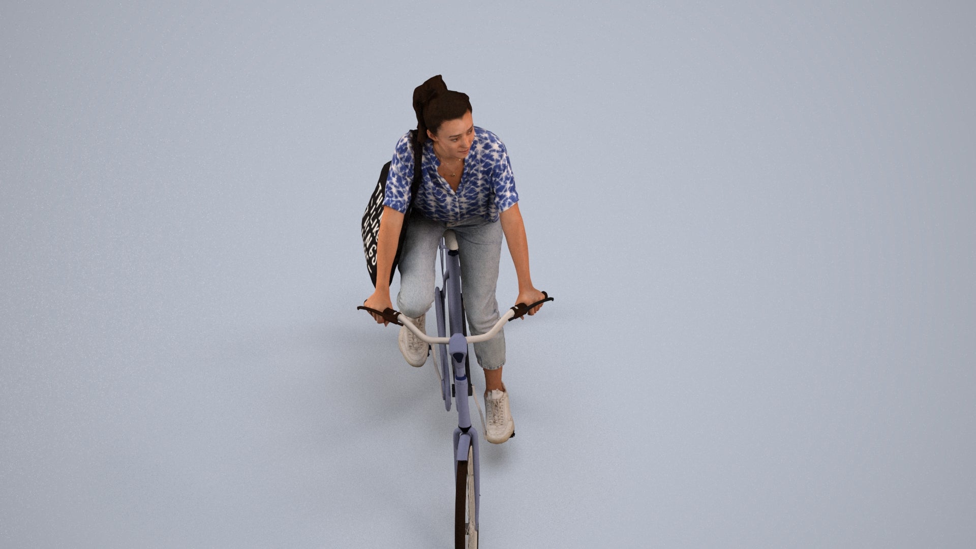 3D human model woman casual cycling, photogrammetry scanned person for archviz, back view render