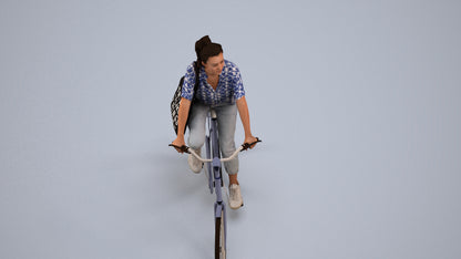 3D human model woman casual cycling, photogrammetry scanned person for archviz, back view render