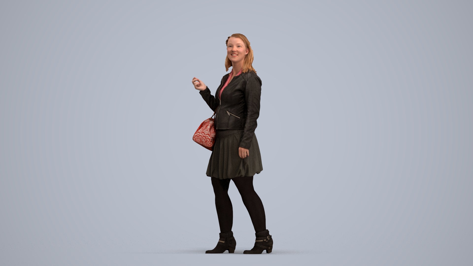 3D human model woman business standing, photogrammetry scanned person for archviz, standing pose render