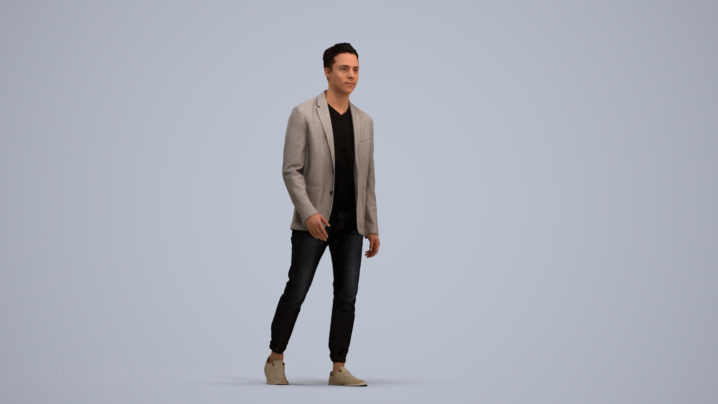 3D scanned man walking business, photorealistic archviz people for Enscape and SketchUp, standing pose render