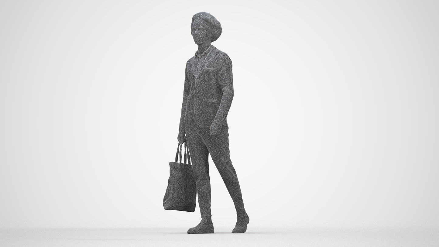 3D human model man business walking, photogrammetry scanned person for archviz, wireframe back view