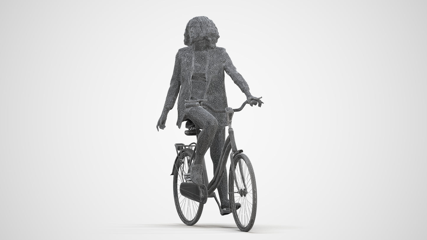 3D scanned woman cycling business, photorealistic archviz people for Enscape and SketchUp, three-quarter front view render