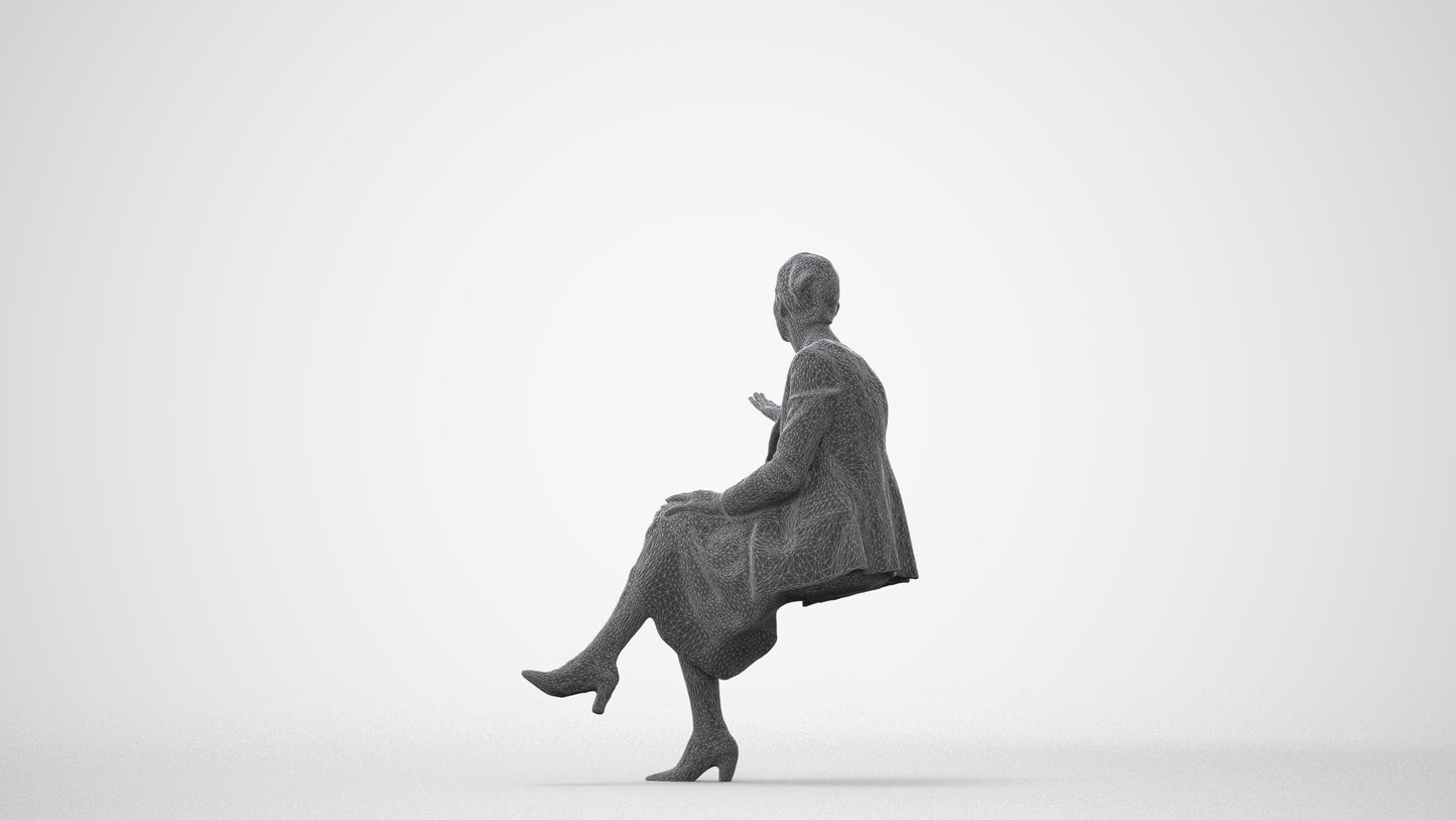 3D human model woman business sitting, photogrammetry scanned person for archviz, square thumbnail