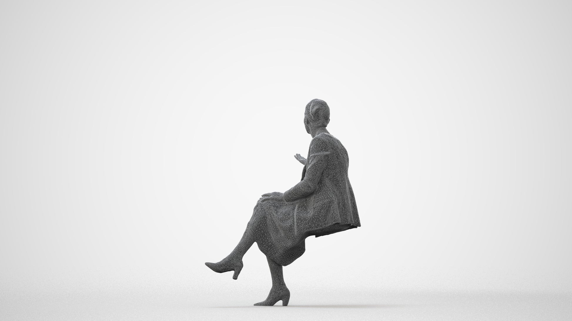3D human model woman business sitting, photogrammetry scanned person for archviz, square thumbnail