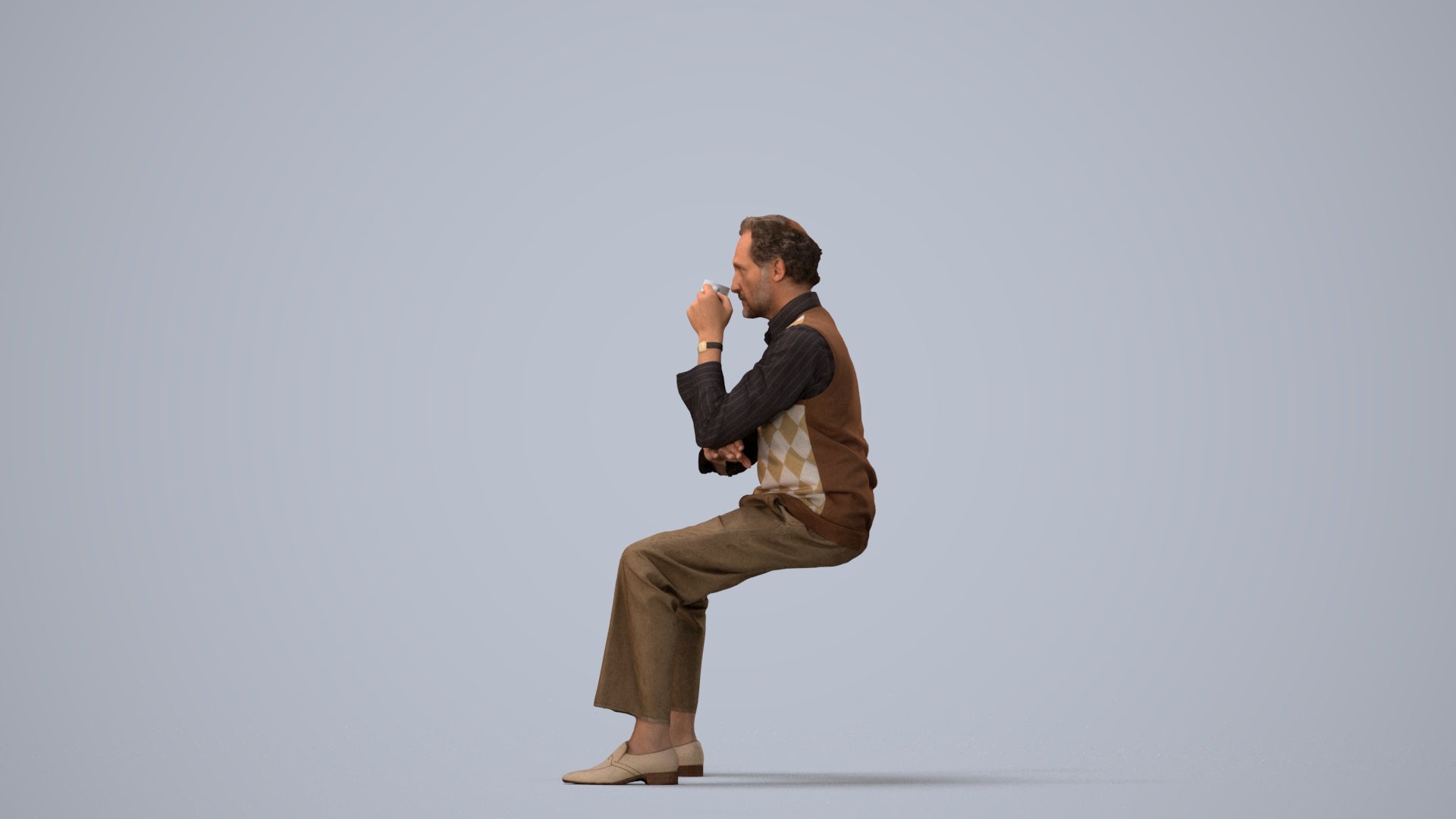 realistic 3D man business sitting, scanned archviz people for Blender and 3ds Max, three-quarter view render