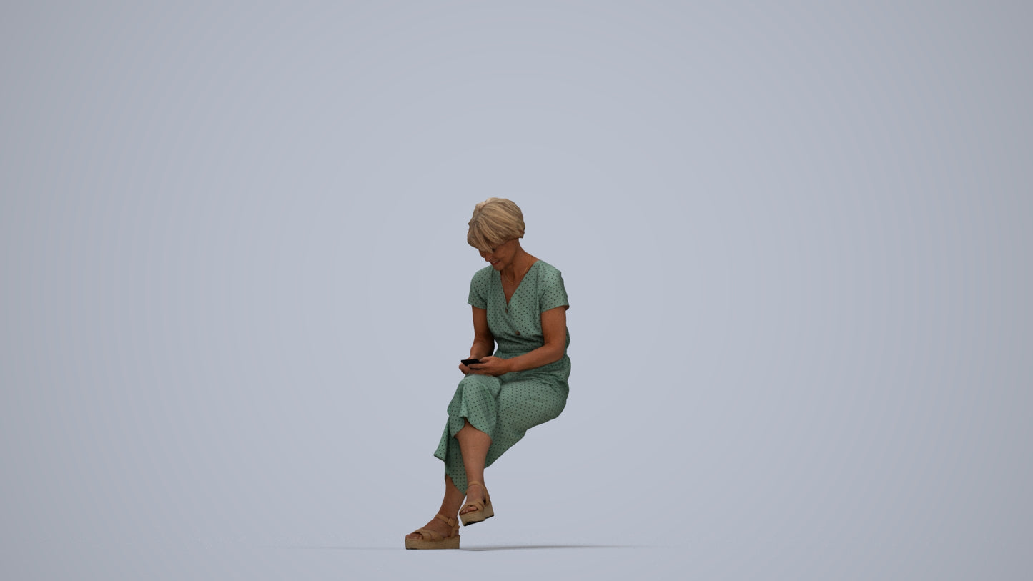 photogrammetry 3D senior woman casual sitting, realistic human model archviz FBX, top-down view render