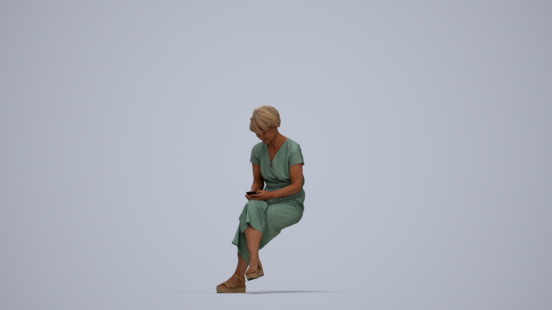 photogrammetry 3D senior woman casual sitting, realistic human model archviz FBX, top-down view render