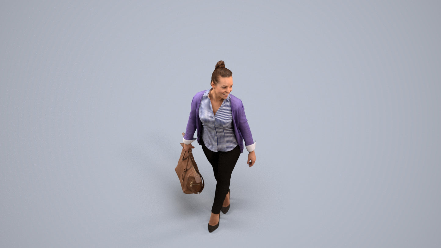realistic 3D human woman business walking, archviz people FBX OBJ for Blender, back view render