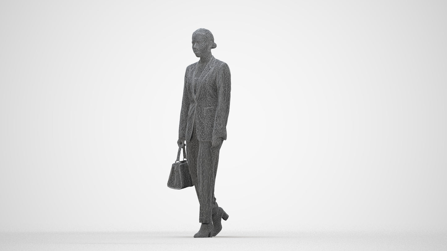 realistic 3D woman business walking, scanned archviz people for Blender and 3ds Max, wireframe back view