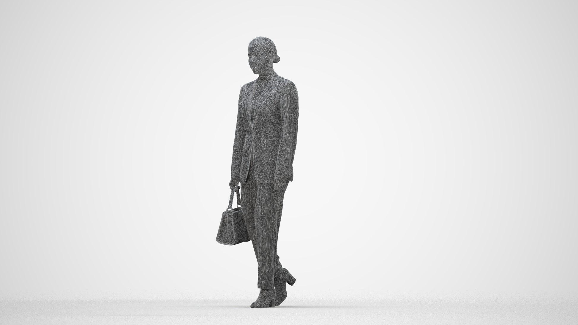 realistic 3D woman business walking, scanned archviz people for Blender and 3ds Max, wireframe back view