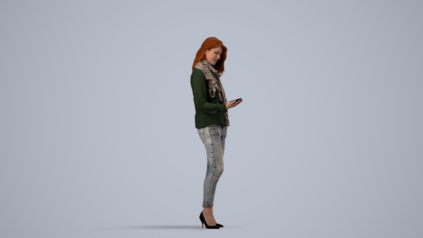 3D scanned woman standing casual, photorealistic archviz people for Enscape and SketchUp, side view render