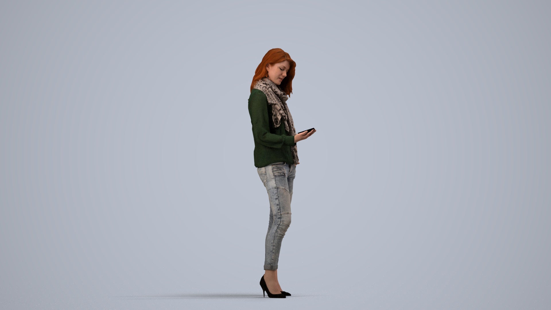 3D scanned woman standing casual, photorealistic archviz people for Enscape and SketchUp, side view render