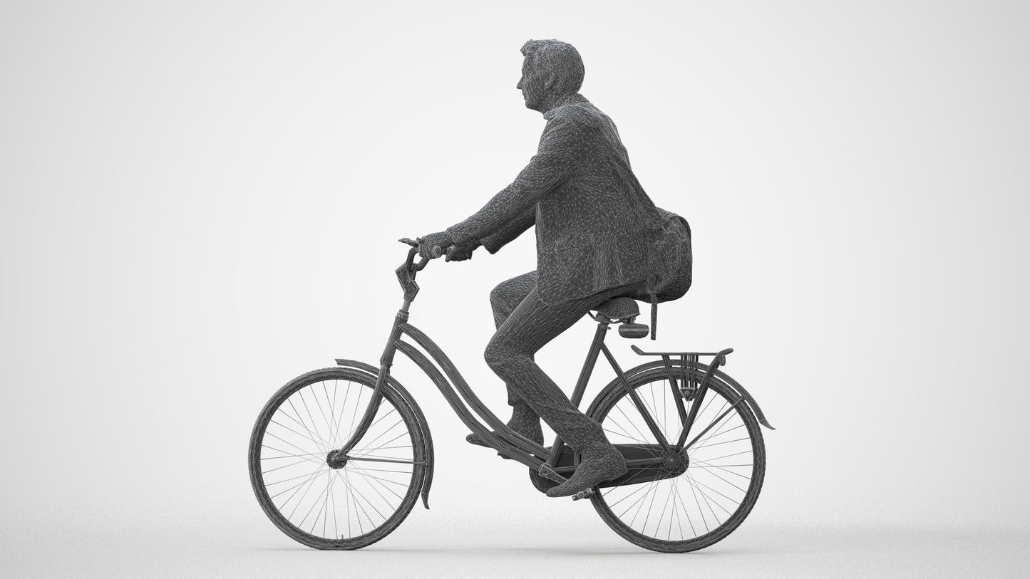 3D human model man business cycling, photogrammetry scanned person for archviz, square thumbnail