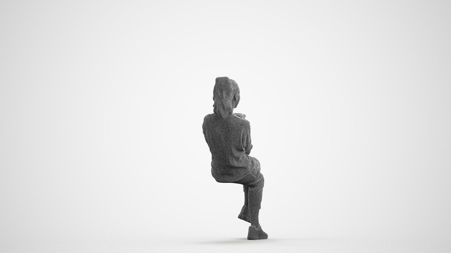 realistic 3D woman casual sitting, scanned archviz people for Blender and 3ds Max, wireframe front view