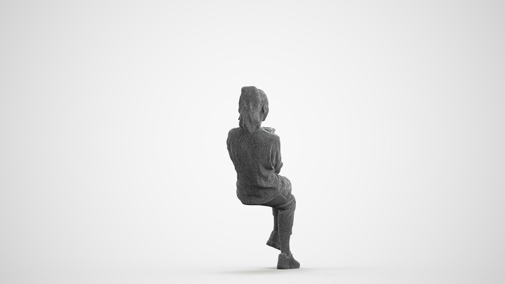 realistic 3D woman casual sitting, scanned archviz people for Blender and 3ds Max, wireframe front view