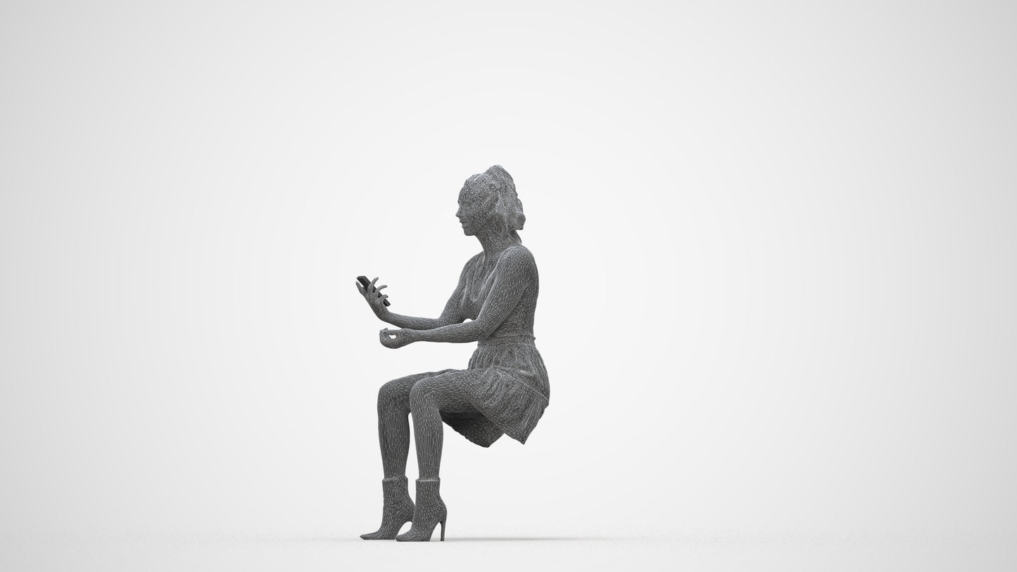 photogrammetry 3D woman casual sitting, realistic human model archviz FBX, wireframe back view