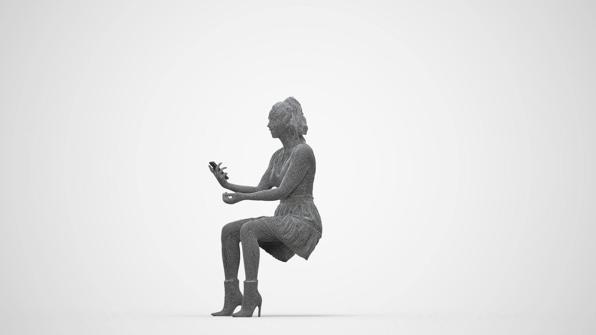 photogrammetry 3D woman casual sitting, realistic human model archviz FBX, wireframe back view