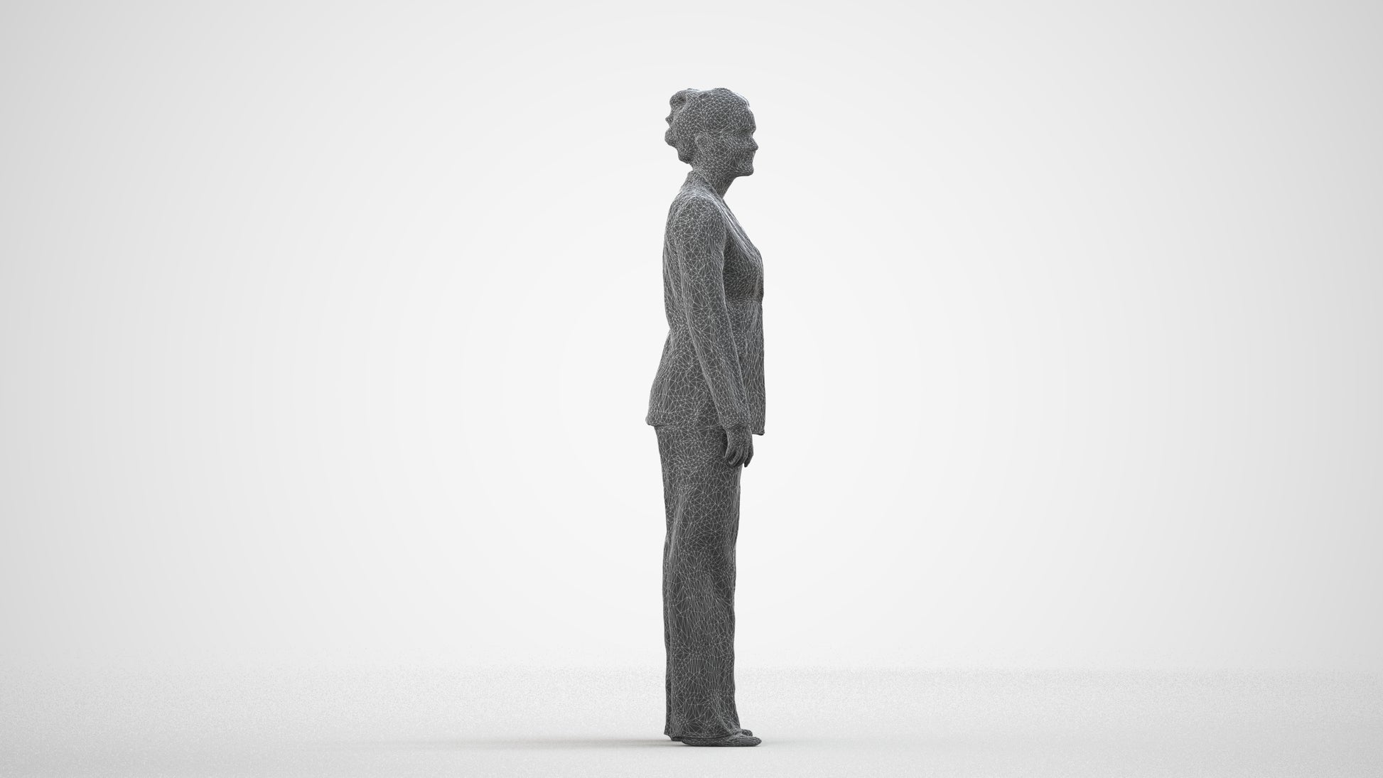 3D scanned woman standing business, photorealistic archviz people for Enscape and SketchUp, wireframe side view