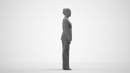 3D scanned woman standing business, photorealistic archviz people for Enscape and SketchUp, wireframe side view