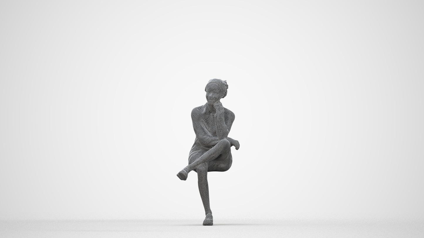 realistic 3D human woman casual sitting, archviz people FBX OBJ for Blender, wireframe back view