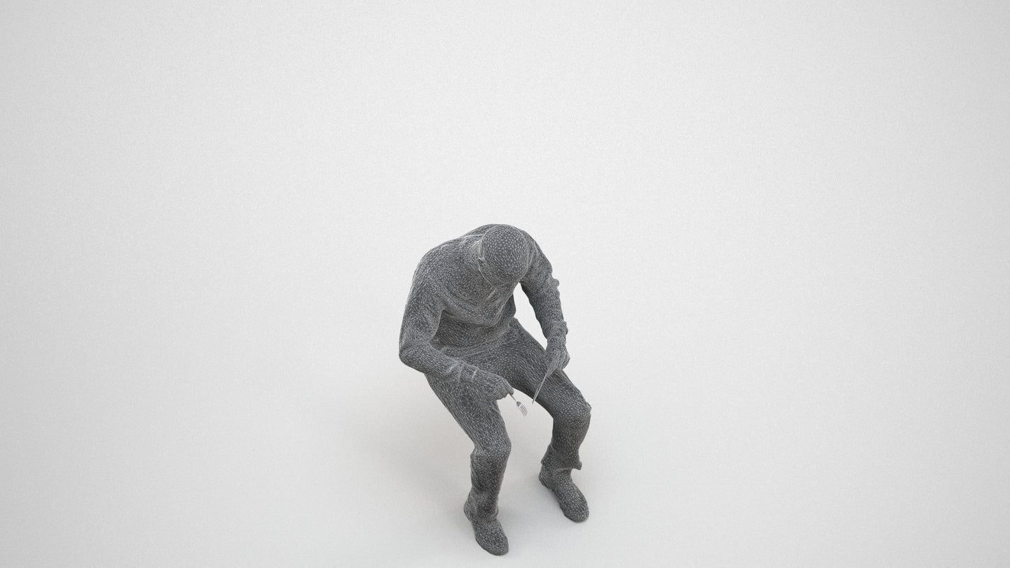 3D human model man casual sitting, photogrammetry scanned person for archviz, wireframe three-quarter view