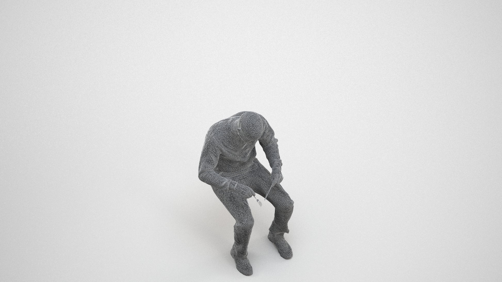 3D human model man casual sitting, photogrammetry scanned person for archviz, wireframe three-quarter view
