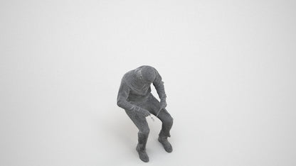 3D human model man casual sitting, photogrammetry scanned person for archviz, wireframe three-quarter view
