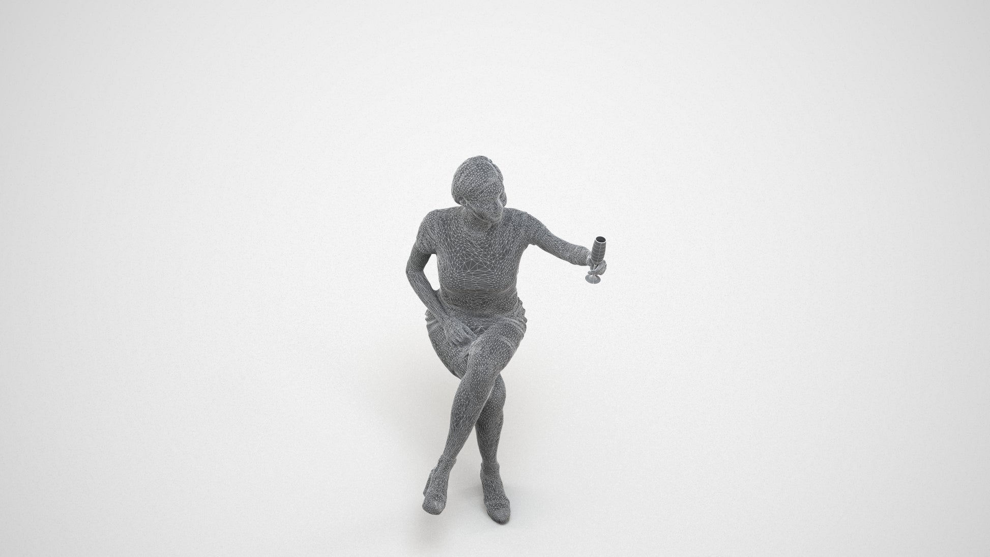 realistic 3D woman sitting, scanned archviz people for Blender and 3ds Max, wireframe three-quarter view