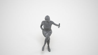 realistic 3D woman sitting, scanned archviz people for Blender and 3ds Max, wireframe three-quarter view