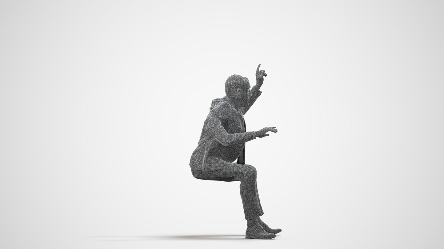 3D human model senior man business, photogrammetry scanned person for archviz, wireframe side view