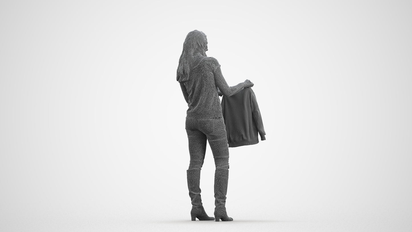 3D people model woman casual standing, scanned human for 3ds Max rendering, wireframe front view